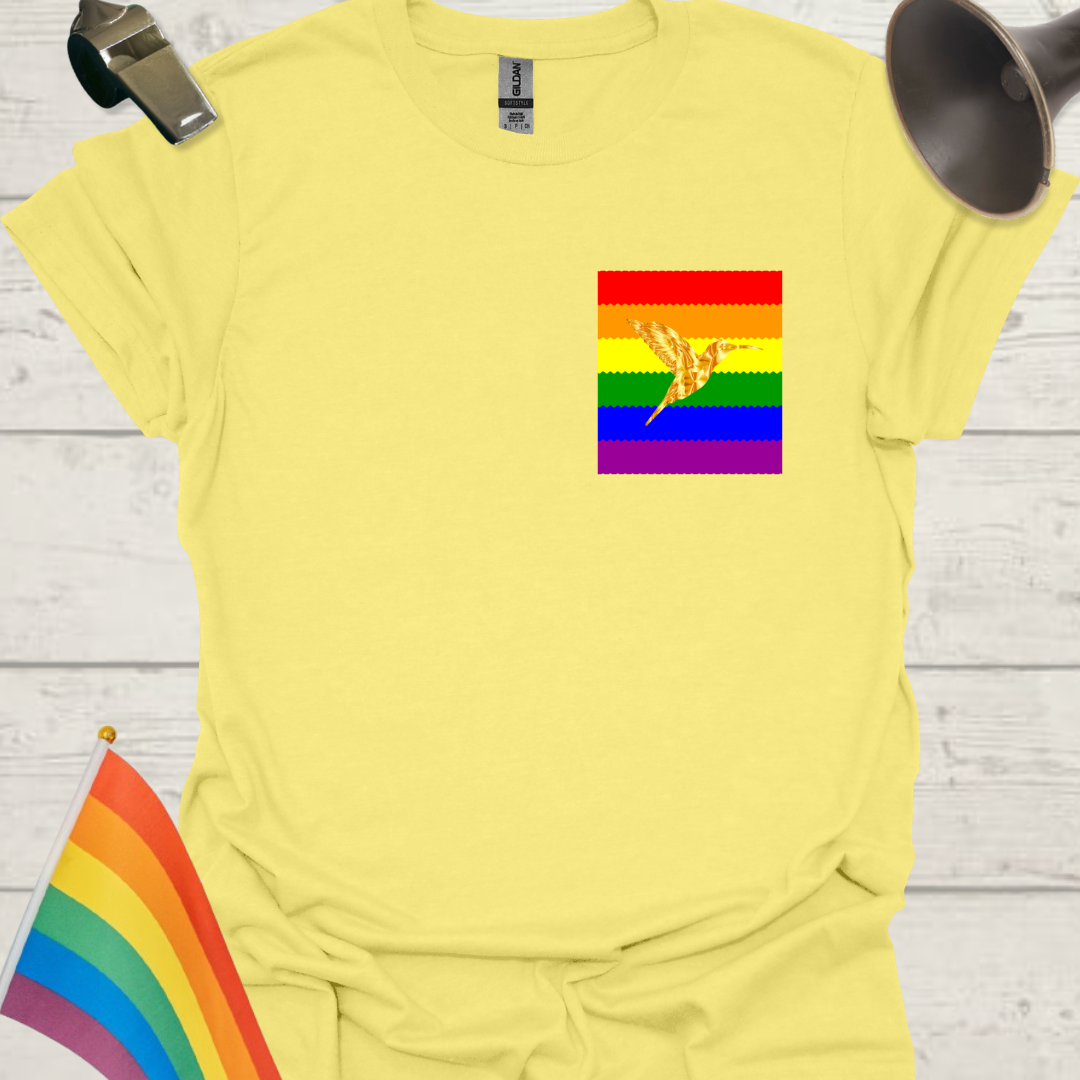 Unisex Pride T-Shirt - LGBT Pride Flag Ripples, Golden Hummingbird Design