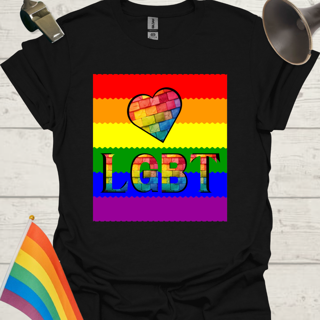 Unisex Pride T-Shirt - LGBT Pride Flag Ripples, Heart Bricks Design