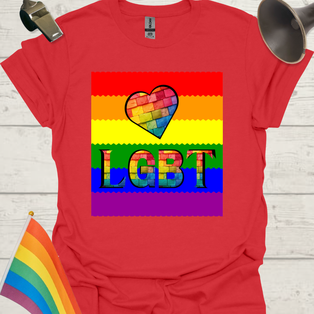 Unisex Pride T-Shirt - LGBT Pride Flag Ripples, Heart Bricks Design