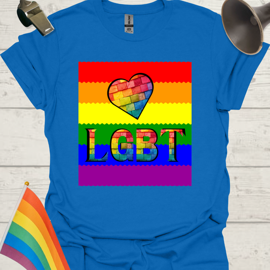 Unisex Pride T-Shirt - LGBT Pride Flag Ripples, Heart Bricks Design