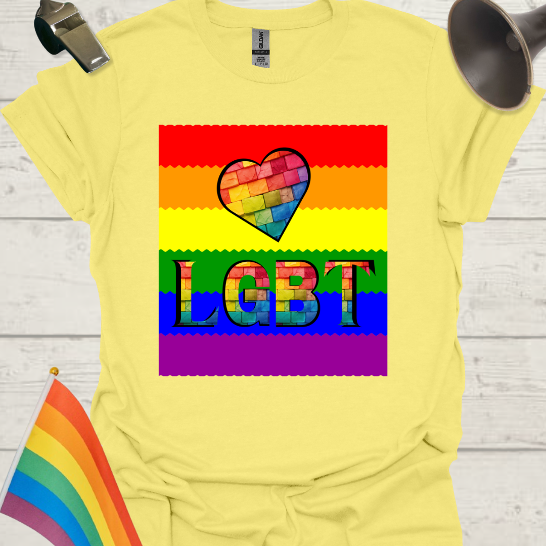 Unisex Pride T-Shirt - LGBT Pride Flag Ripples, Heart Bricks Design