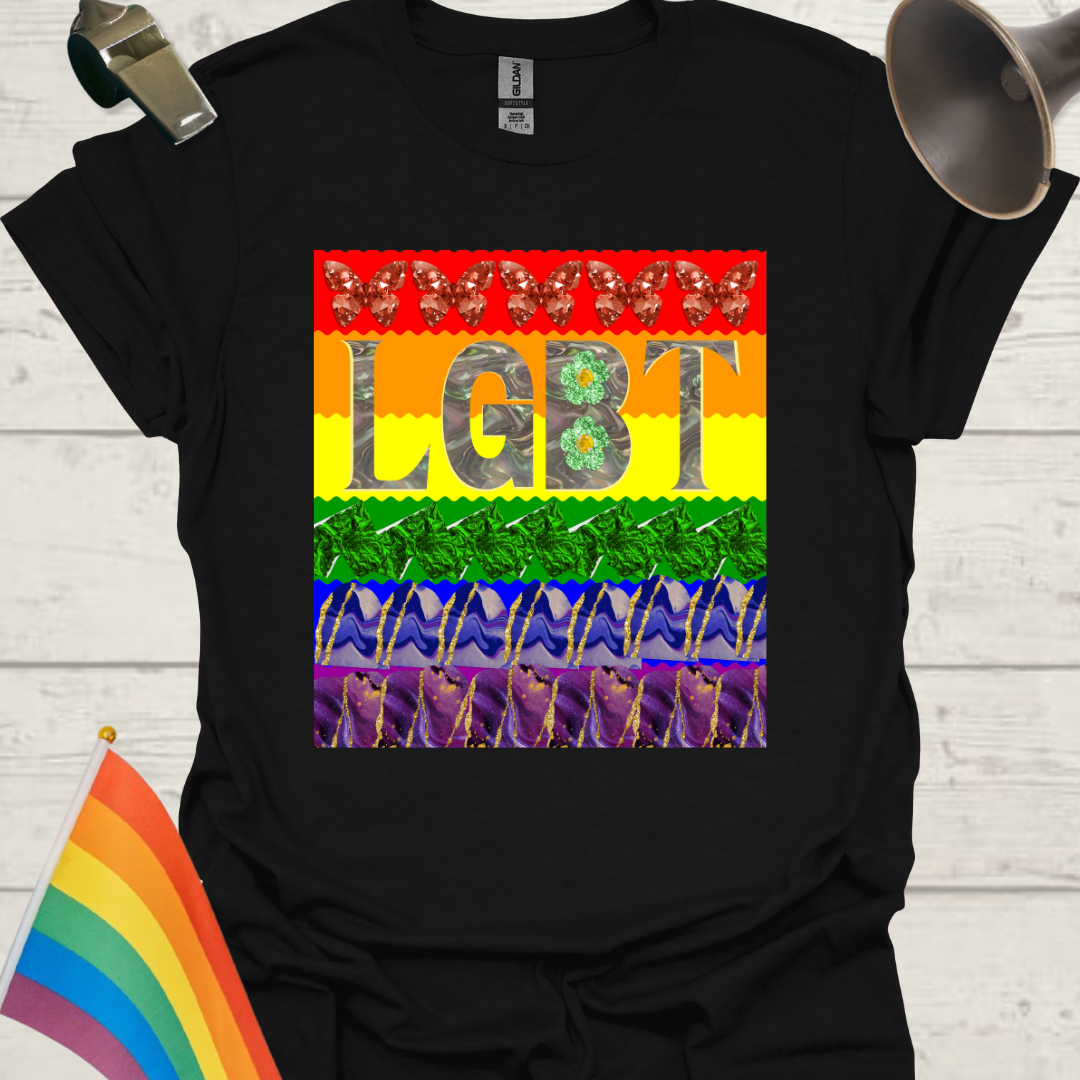 Unisex Pride LGBT T-Shirt -  Abstract Flag Gem Butterflies, Flowers, Marble Design