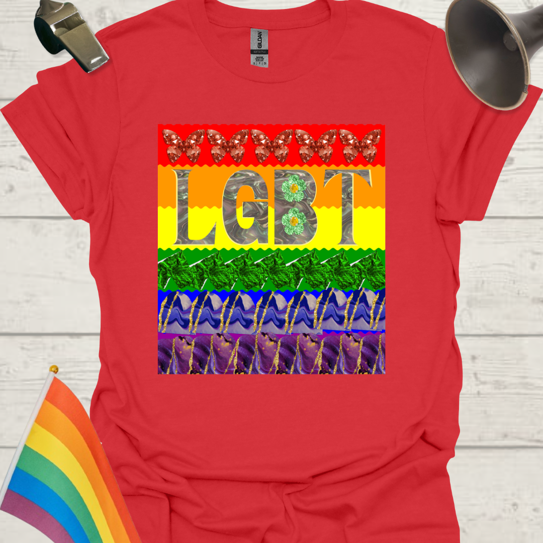 Unisex Pride LGBT T-Shirt -  Abstract Flag Gem Butterflies, Flowers, Marble Design