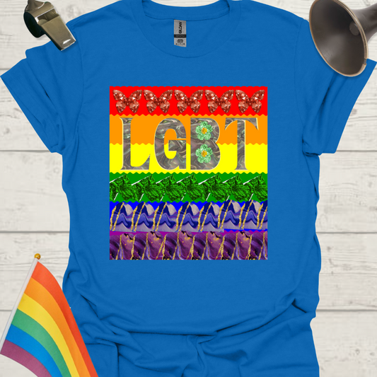 Unisex Pride LGBT T-Shirt -  Abstract Flag Gem Butterflies, Flowers, Marble Design