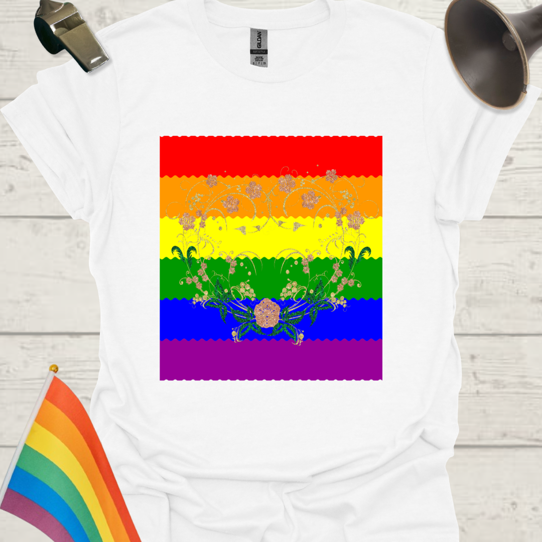 Unisex Pride T-Shirt - LGBT Pride Flag Ripples, Glitter Floral Pattern Design
