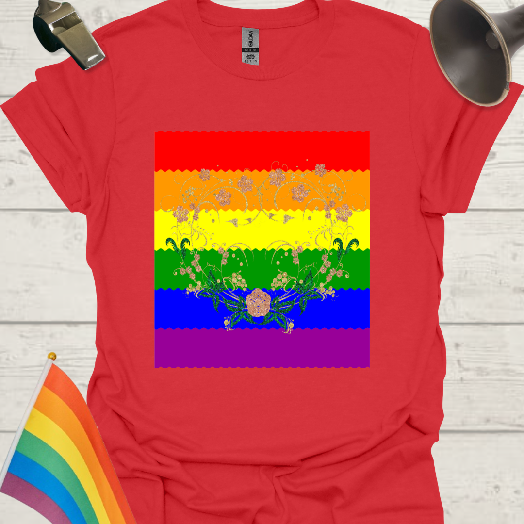 Unisex Pride T-Shirt - LGBT Pride Flag Ripples, Glitter Floral Pattern Design
