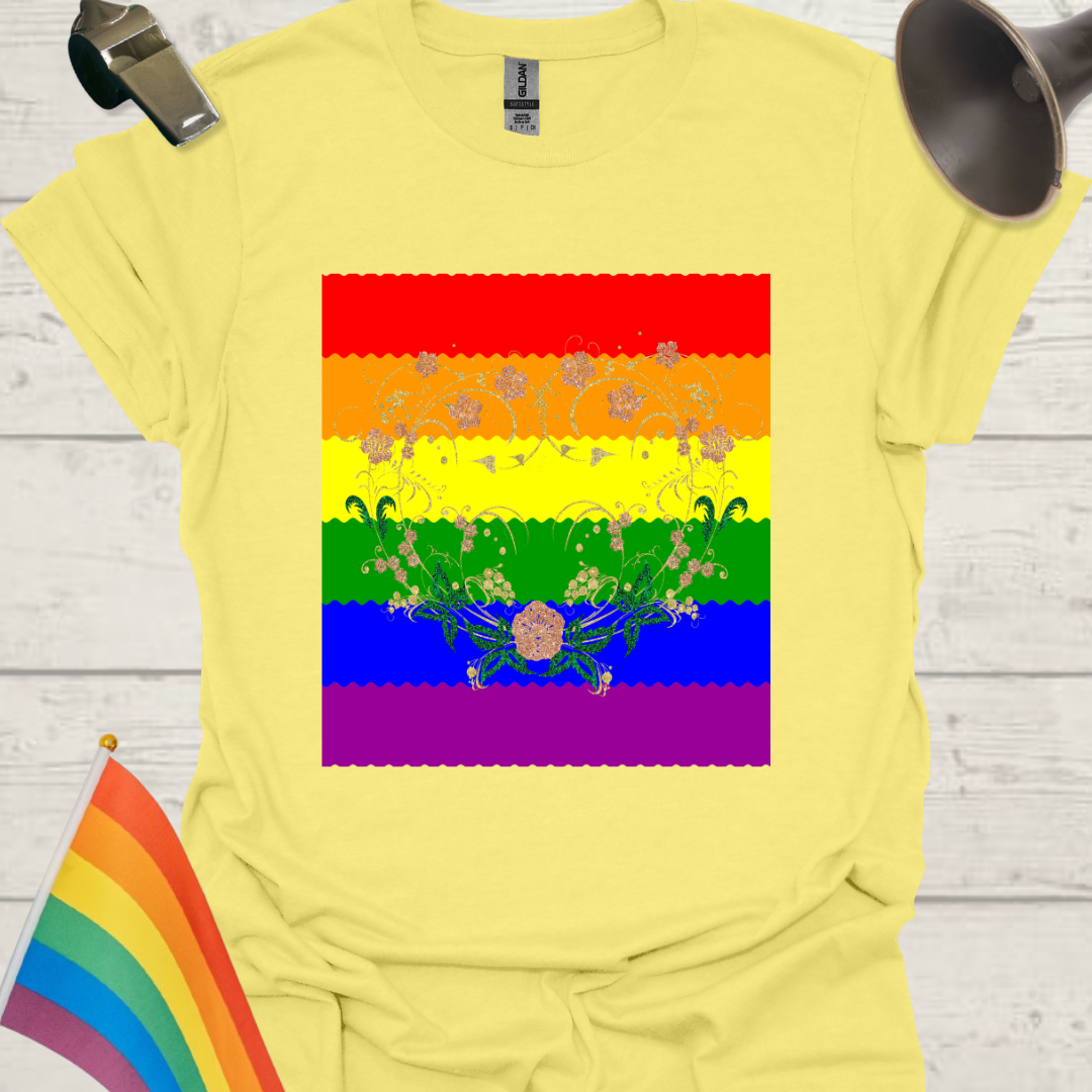Unisex Pride T-Shirt - LGBT Pride Flag Ripples, Glitter Floral Pattern Design