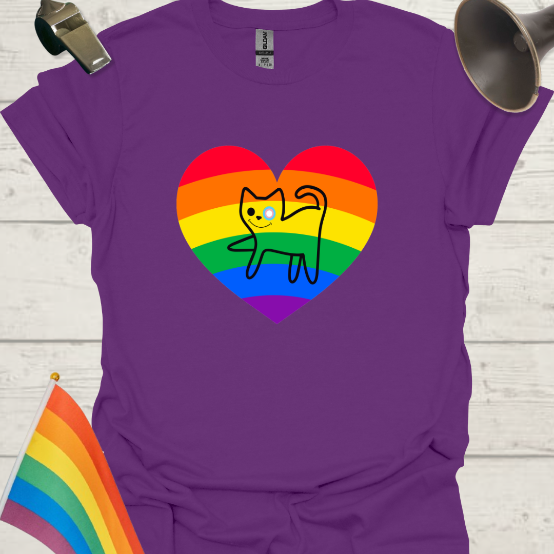 LGBTQ Pride Rainbow in a Heart and Funny Cat with Trans Flag Eye T-Shirt