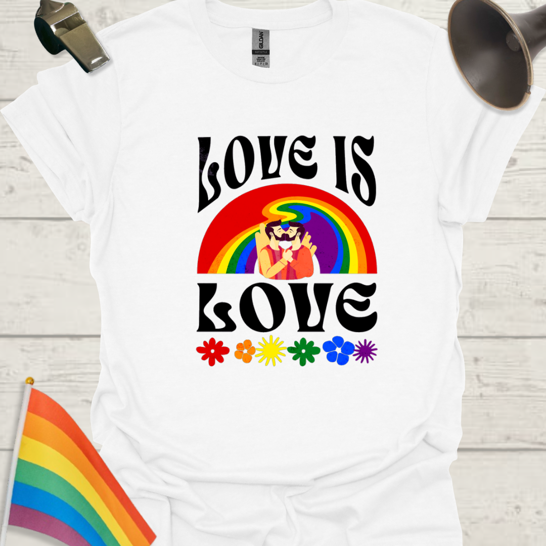 LGBT T-Shirt - Love is Love - melted Rainbow, Gay couple kiss