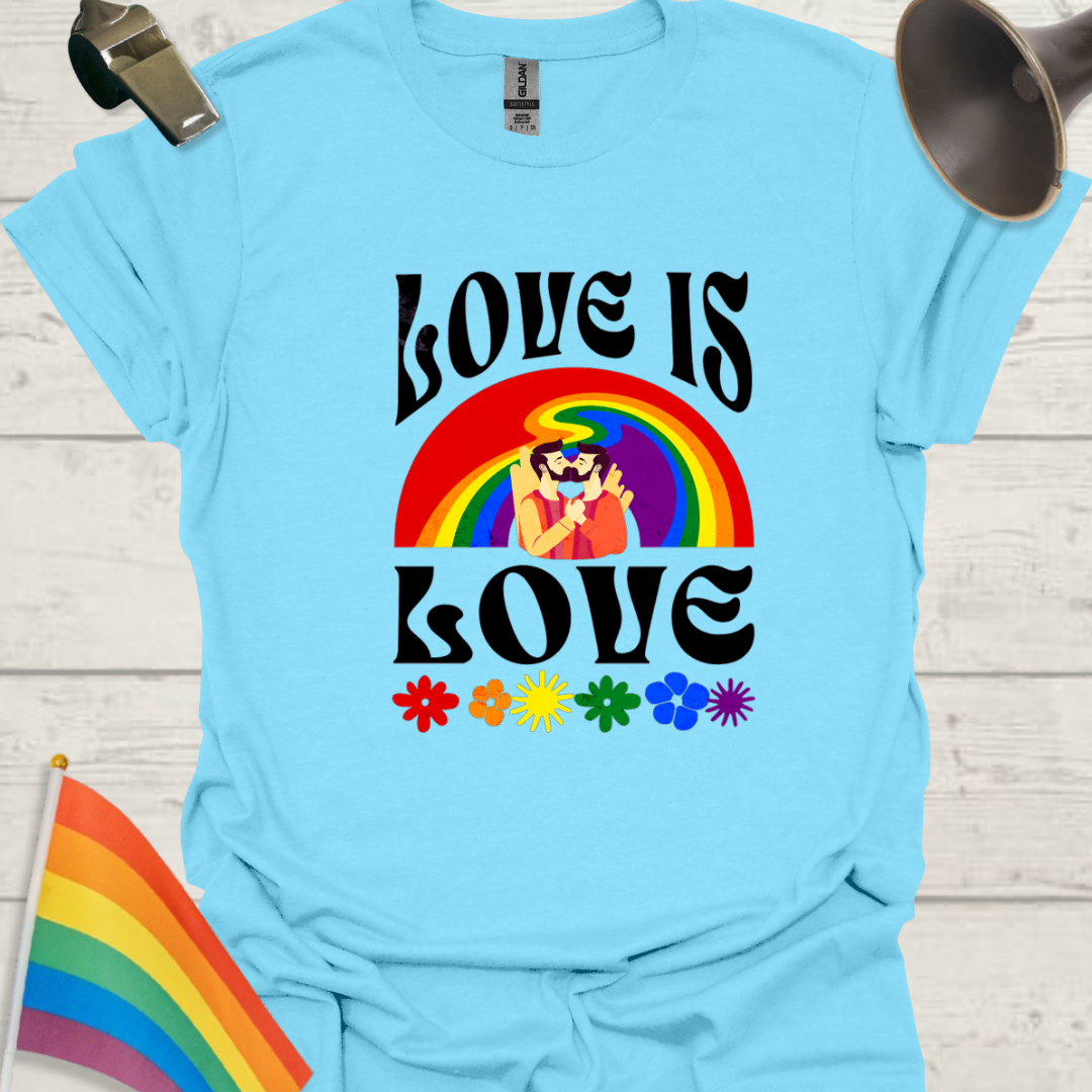 LGBT T-Shirt - Love is Love - melted Rainbow, Gay couple kiss