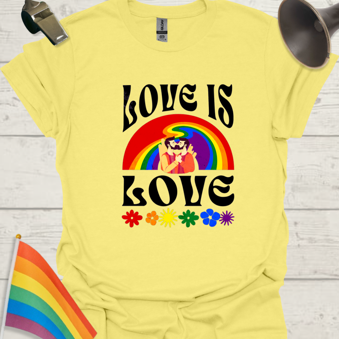 LGBT T-Shirt - Love is Love - melted Rainbow, Gay couple kiss