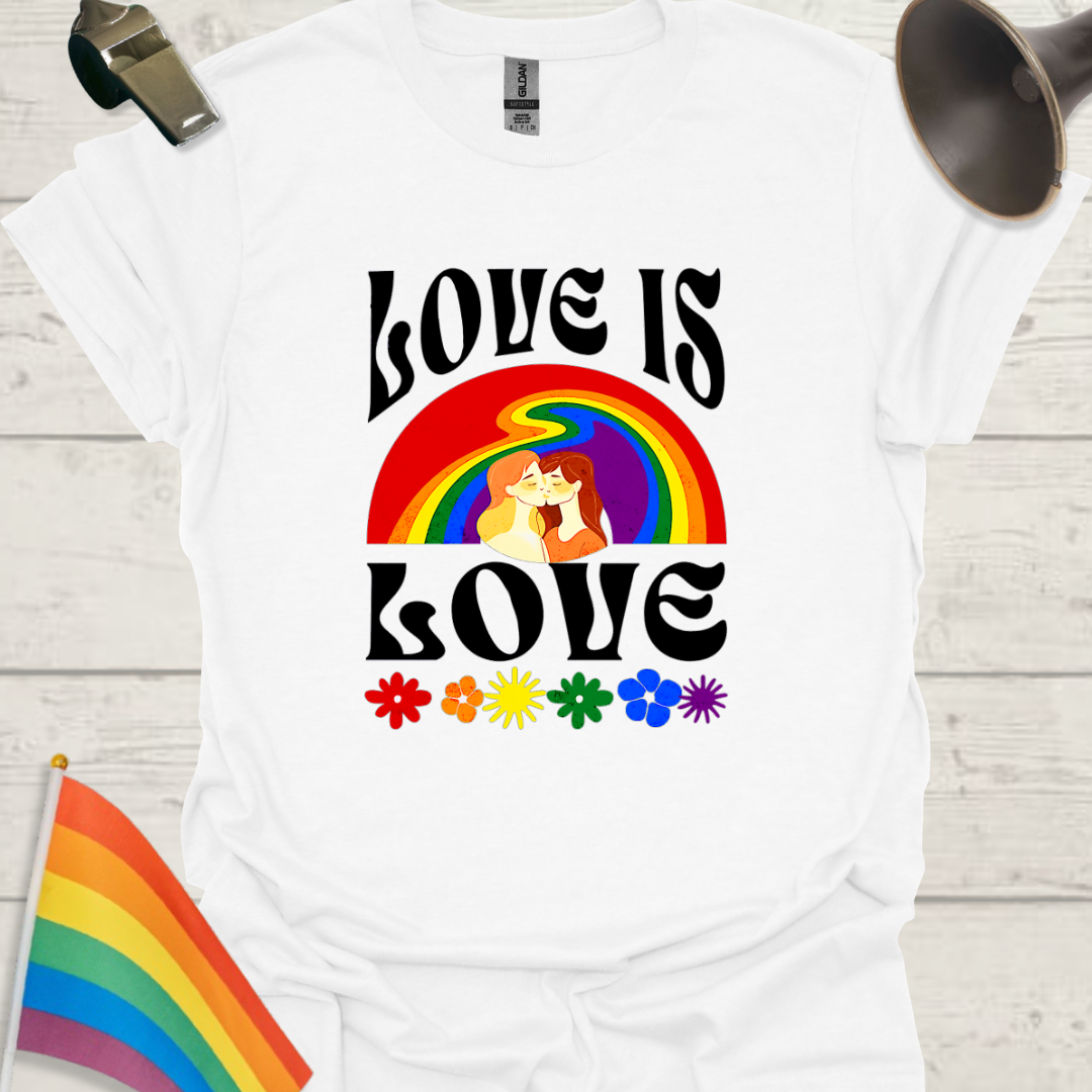LGBT T-Shirt - Love is Love - melted Rainbow, Lesbian couple kiss