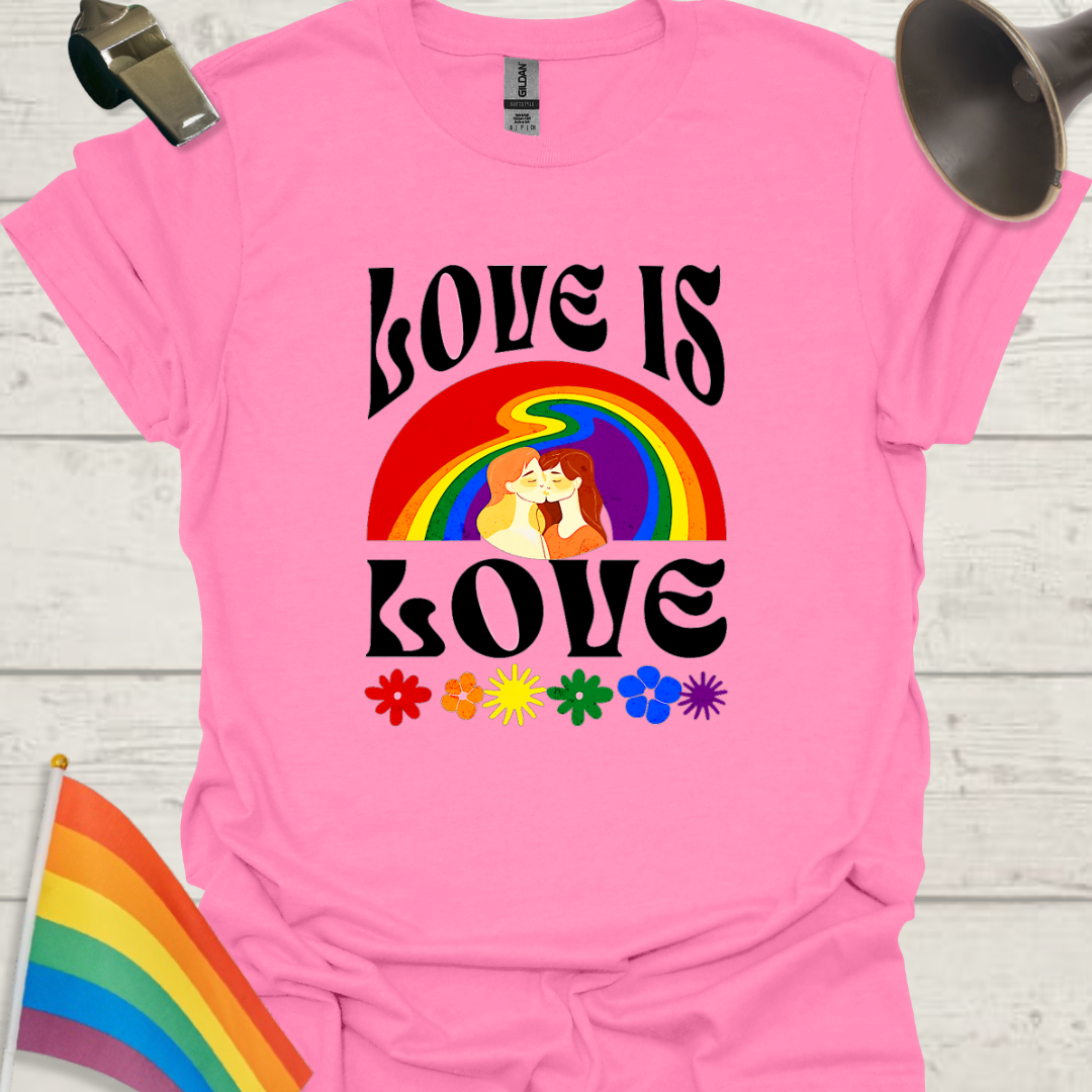 LGBT T-Shirt - Love is Love - melted Rainbow, Lesbian couple kiss