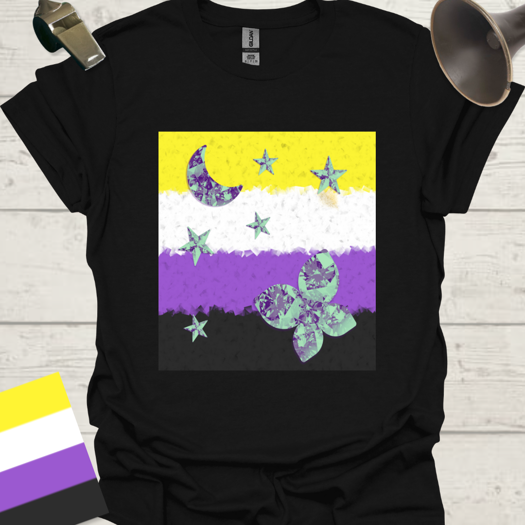 Unisex T-Shirt Half Blue Moon, Stars, Crystal Butterfly Non-Binary Cubism Flag Design