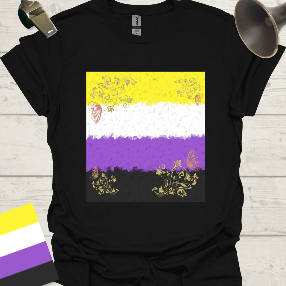 Unisex T-Shirt Golden Floral Ornaments, Pink Butterfly Non-Binary Cubism Flag Design