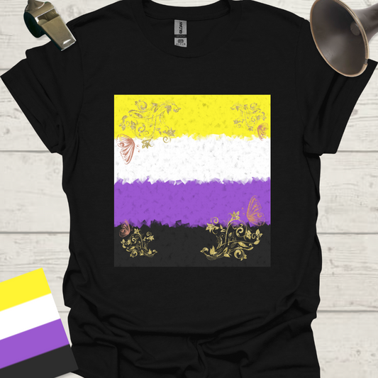 Unisex T-Shirt Golden Floral Ornaments, Pink Butterfly Non-Binary Cubism Flag Design
