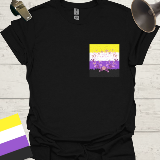 Unisex T-Shirt Glitter Heart Flowers, Purple Butterflies Non-Binary Cubism Flag Design