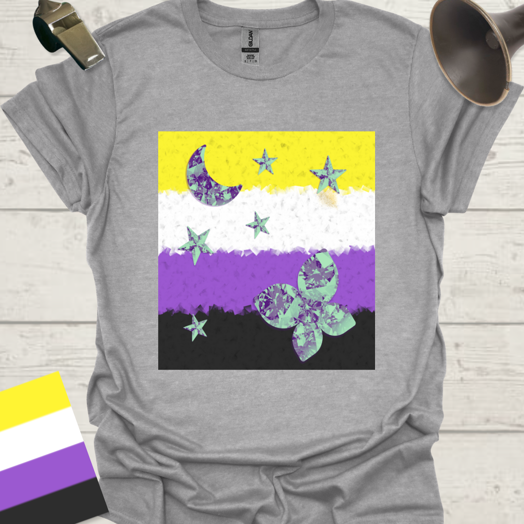 Unisex T-Shirt Half Blue Moon, Stars, Crystal Butterfly Non-Binary Cubism Flag Design