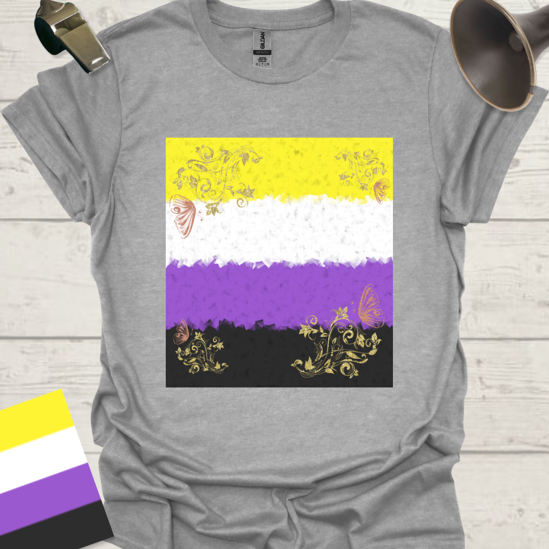 Unisex T-Shirt Golden Floral Ornaments, Pink Butterfly Non-Binary Cubism Flag Design
