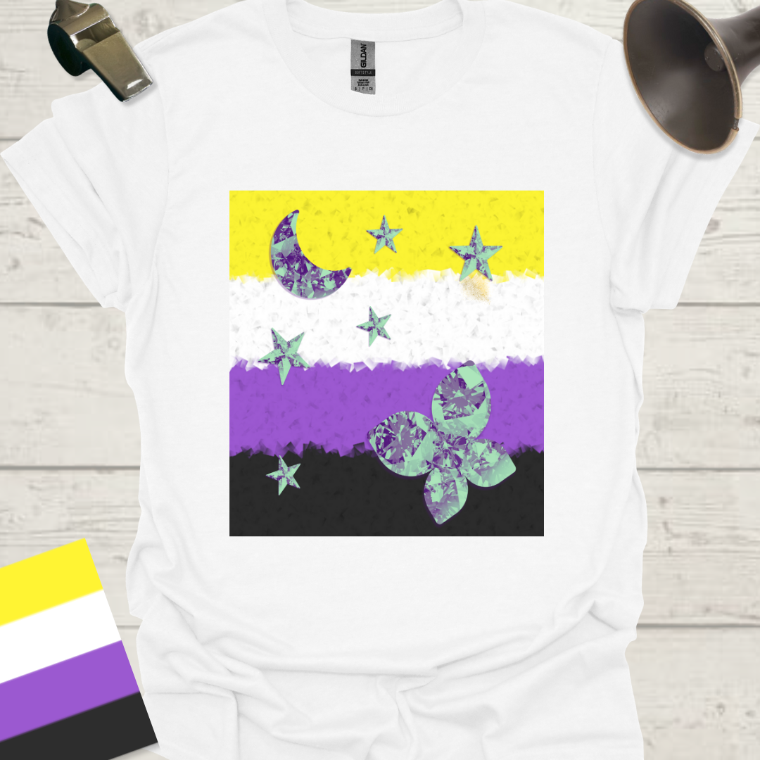Unisex T-Shirt Half Blue Moon, Stars, Crystal Butterfly Non-Binary Cubism Flag Design