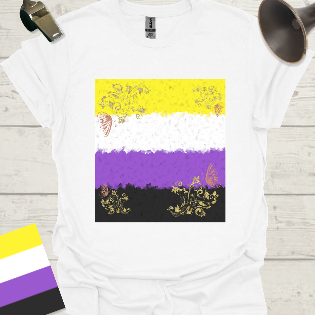 Unisex T-Shirt Golden Floral Ornaments, Pink Butterfly Non-Binary Cubism Flag Design