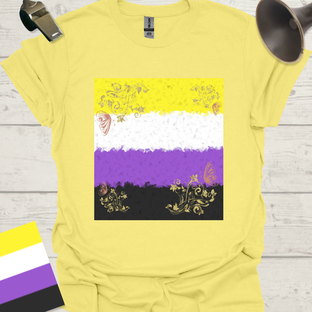 Unisex T-Shirt Golden Floral Ornaments, Pink Butterfly Non-Binary Cubism Flag Design