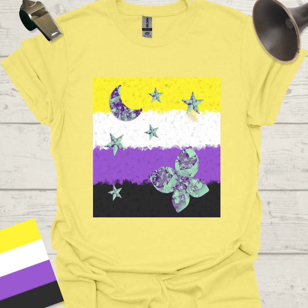 Unisex T-Shirt Half Blue Moon, Stars, Crystal Butterfly Non-Binary Cubism Flag Design