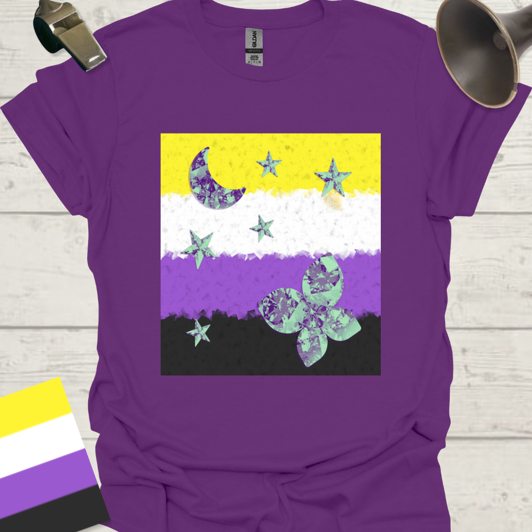 Unisex T-Shirt Half Blue Moon, Stars, Crystal Butterfly Non-Binary Cubism Flag Design