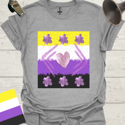 Unisex T-Shirt Purple Glitter Heart, Flowers Pattern Non-Binary Cubism Flag Design