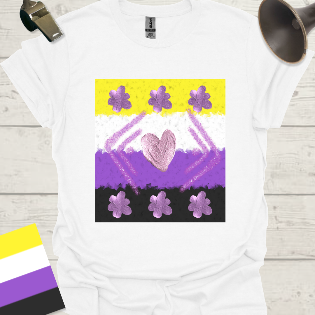 Unisex T-Shirt Purple Glitter Heart, Flowers Pattern Non-Binary Cubism Flag Design
