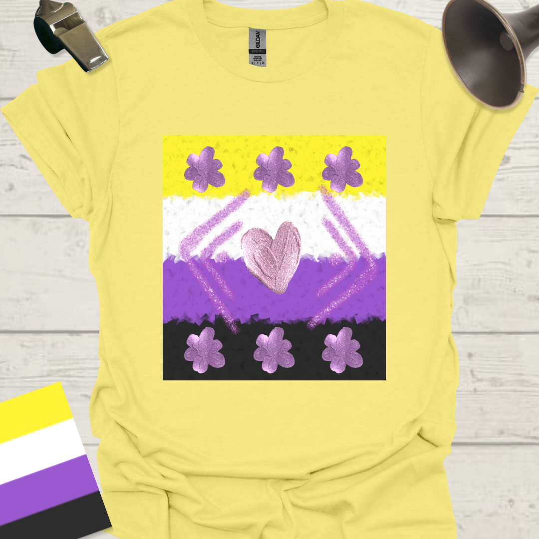 Unisex T-Shirt Purple Glitter Heart, Flowers Pattern Non-Binary Cubism Flag Design