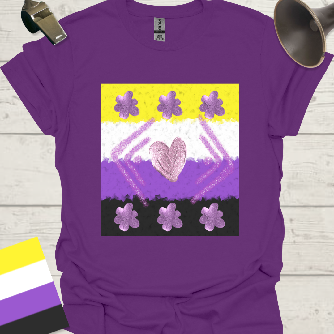 Unisex T-Shirt Purple Glitter Heart, Flowers Pattern Non-Binary Cubism Flag Design