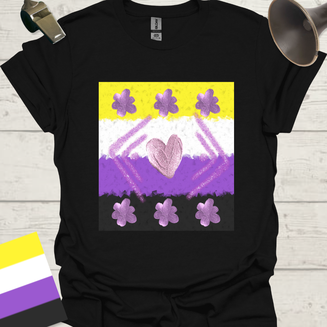 Unisex T-Shirt Purple Glitter Heart, Flowers Pattern Non-Binary Cubism Flag Design