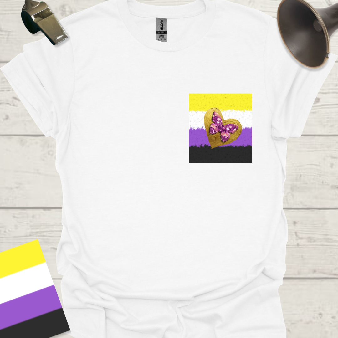 Unisex T-Shirt Golden Heart, Purple Gem Butterfly Non-Binary Cubism Flag Design