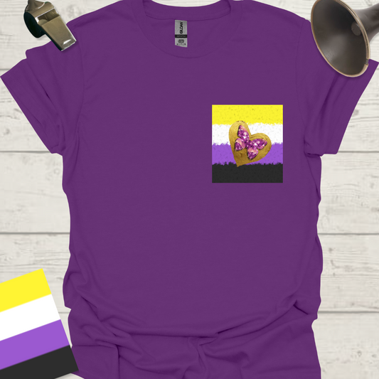 Unisex T-Shirt Golden Heart, Purple Gem Butterfly Non-Binary Cubism Flag Design