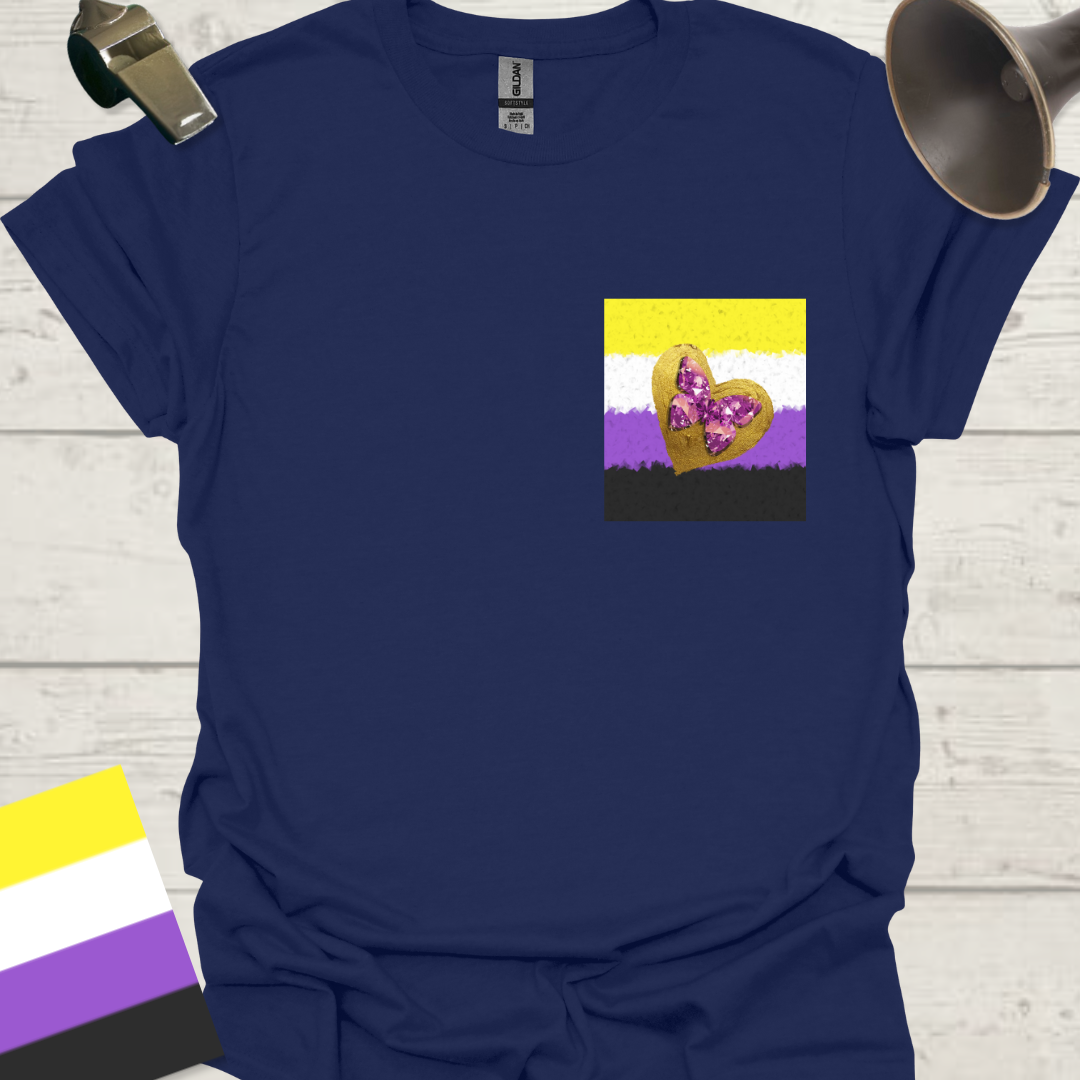 Unisex T-Shirt Golden Heart, Purple Gem Butterfly Non-Binary Cubism Flag Design