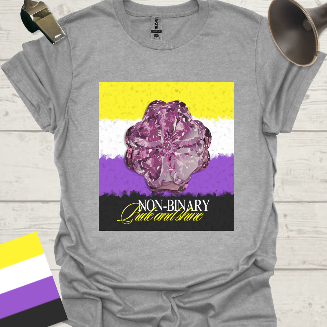 Unisex T-Shirt Pride and Shine, Purple Gem Flower Non-Binary Cubism Flag Design