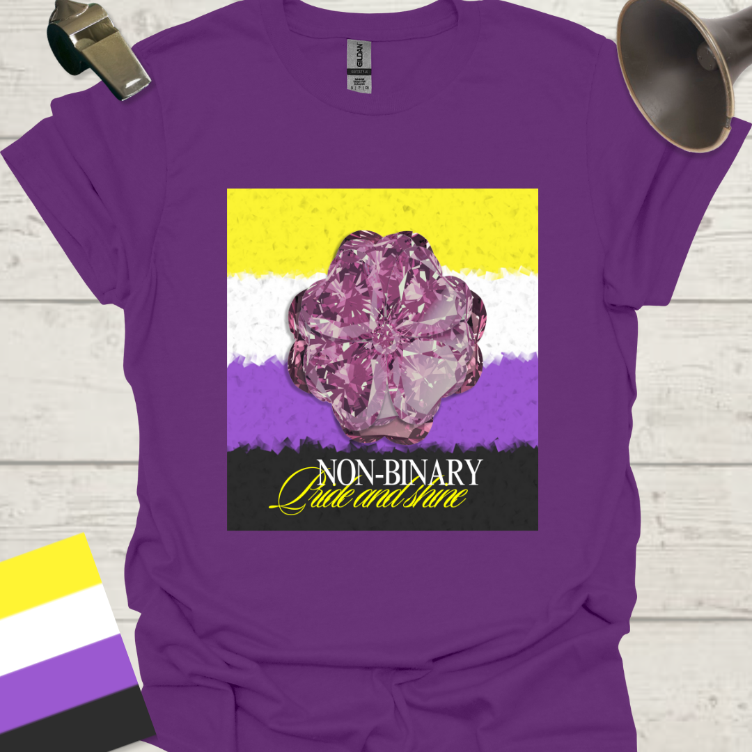 Unisex T-Shirt Pride and Shine, Purple Gem Flower Non-Binary Cubism Flag Design