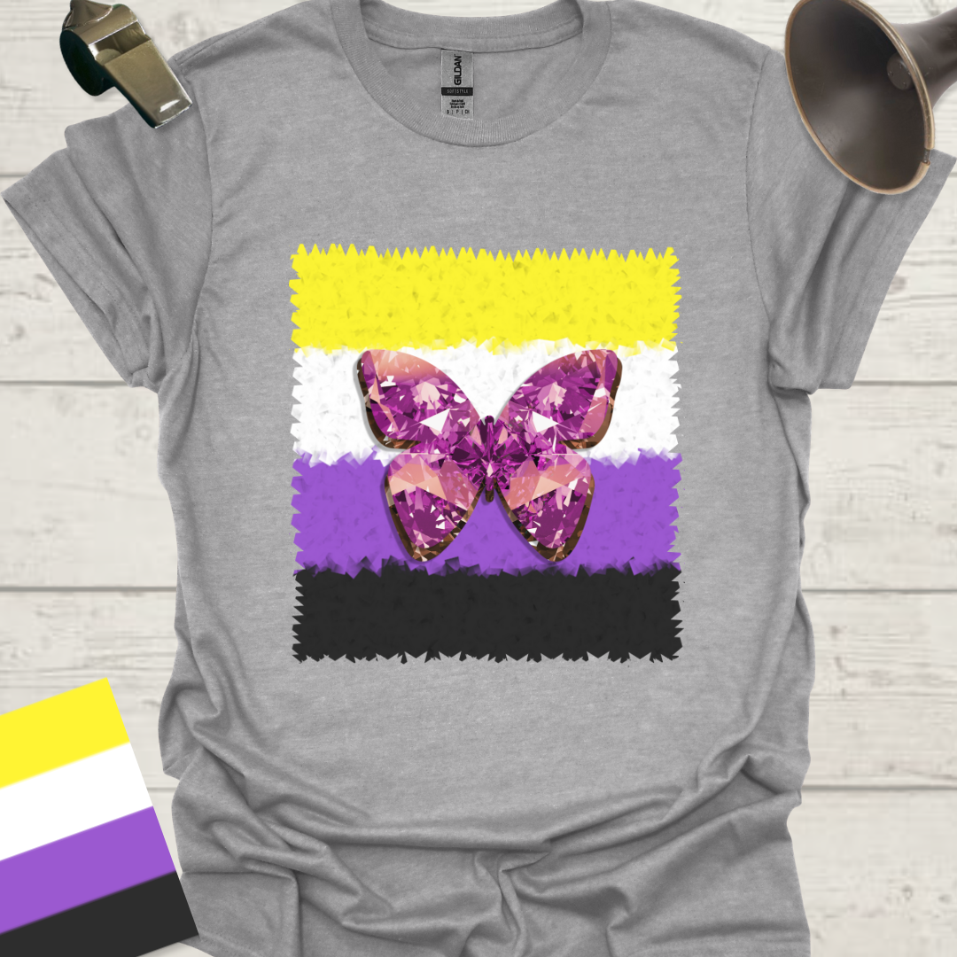Unisex T-Shirt Uneven Edges, Purple Gem Butterfly Non-Binary Cubism Flag Design
