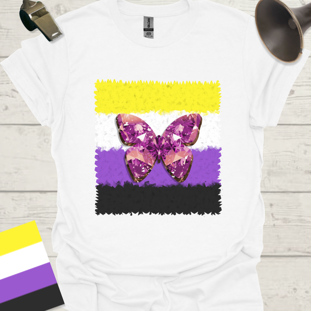 Unisex T-Shirt Uneven Edges, Purple Gem Butterfly Non-Binary Cubism Flag Design