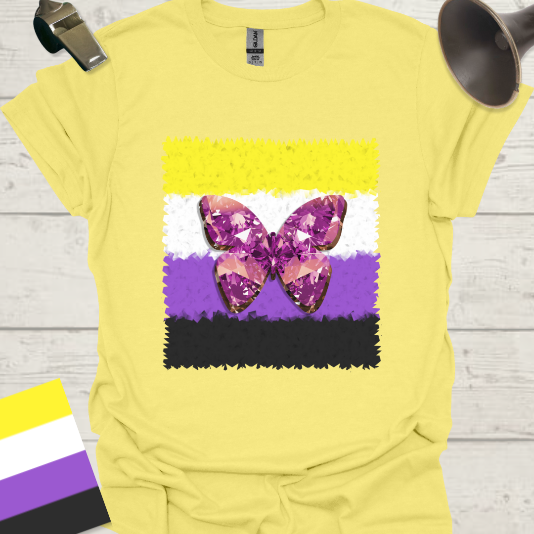 Unisex T-Shirt Uneven Edges, Purple Gem Butterfly Non-Binary Cubism Flag Design