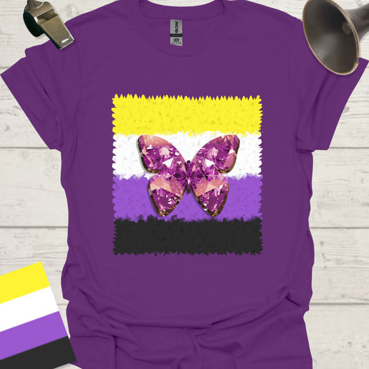 Unisex T-Shirt Uneven Edges, Purple Gem Butterfly Non-Binary Cubism Flag Design