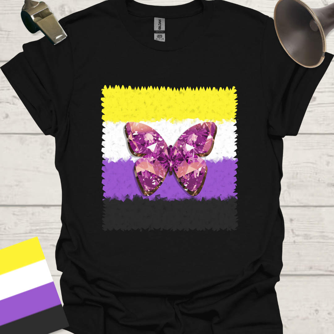 Unisex T-Shirt Uneven Edges, Purple Gem Butterfly Non-Binary Cubism Flag Design