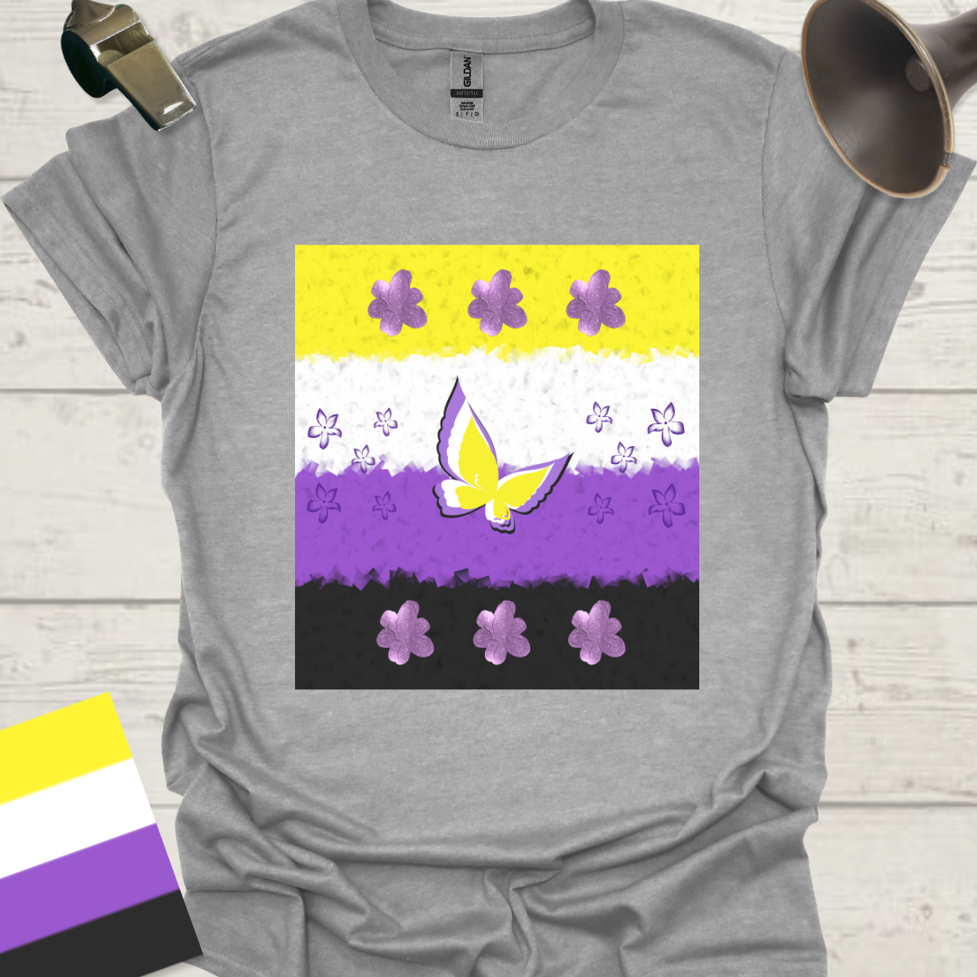 Unisex T-Shirt Butterfly and Purple Flowers Non-Binary Cubism Flag Design