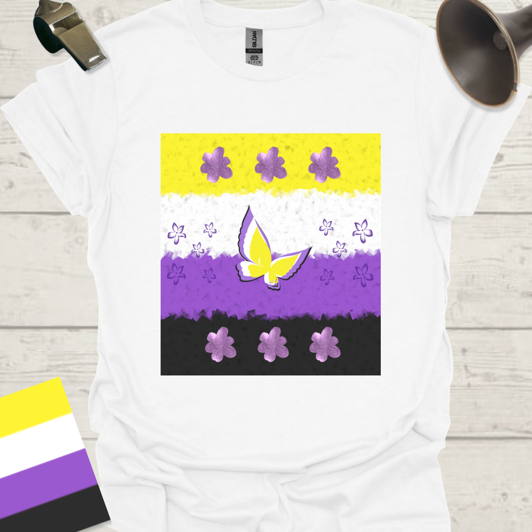 Unisex T-Shirt Butterfly and Purple Flowers Non-Binary Cubism Flag Design