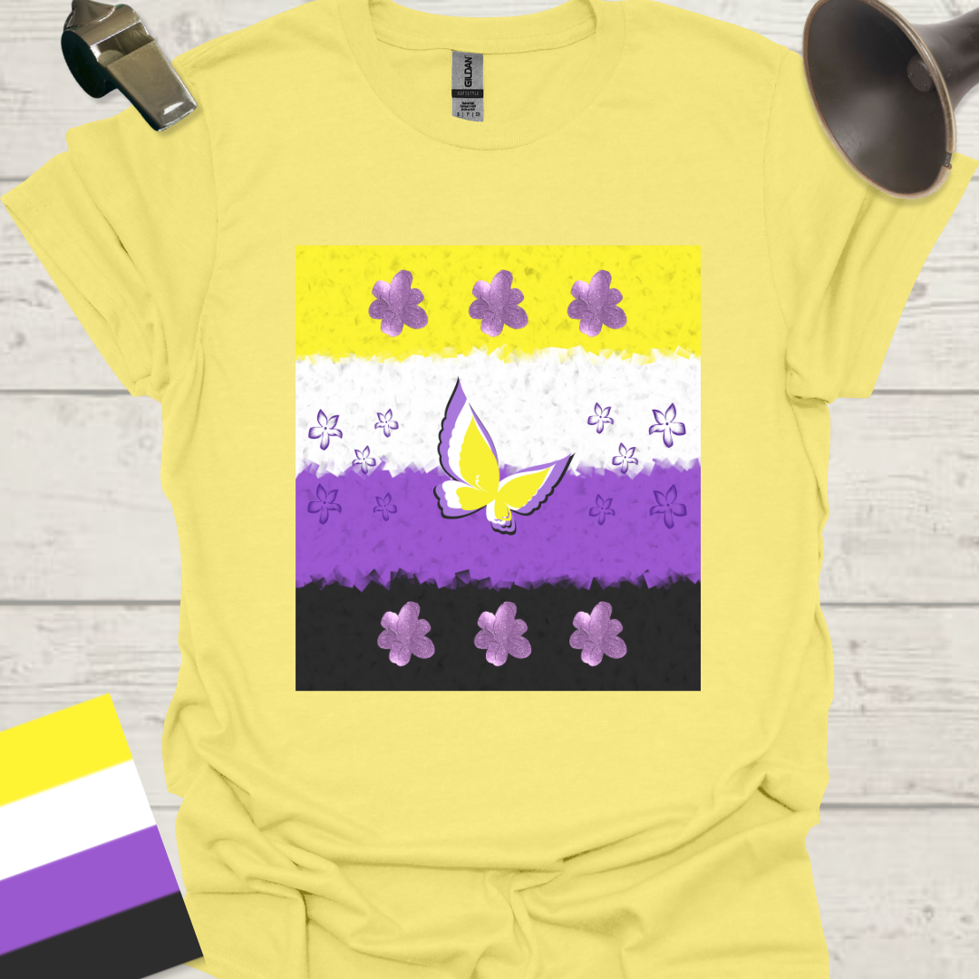 Unisex T-Shirt Butterfly and Purple Flowers Non-Binary Cubism Flag Design
