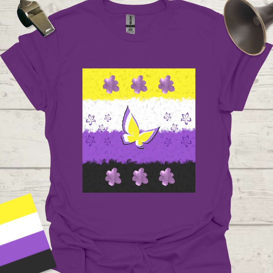 Unisex T-Shirt Butterfly and Purple Flowers Non-Binary Cubism Flag Design