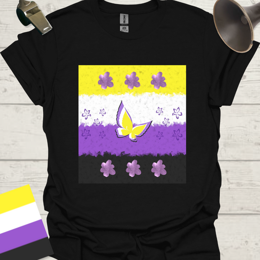 Unisex T-Shirt Butterfly and Purple Flowers Non-Binary Cubism Flag Design