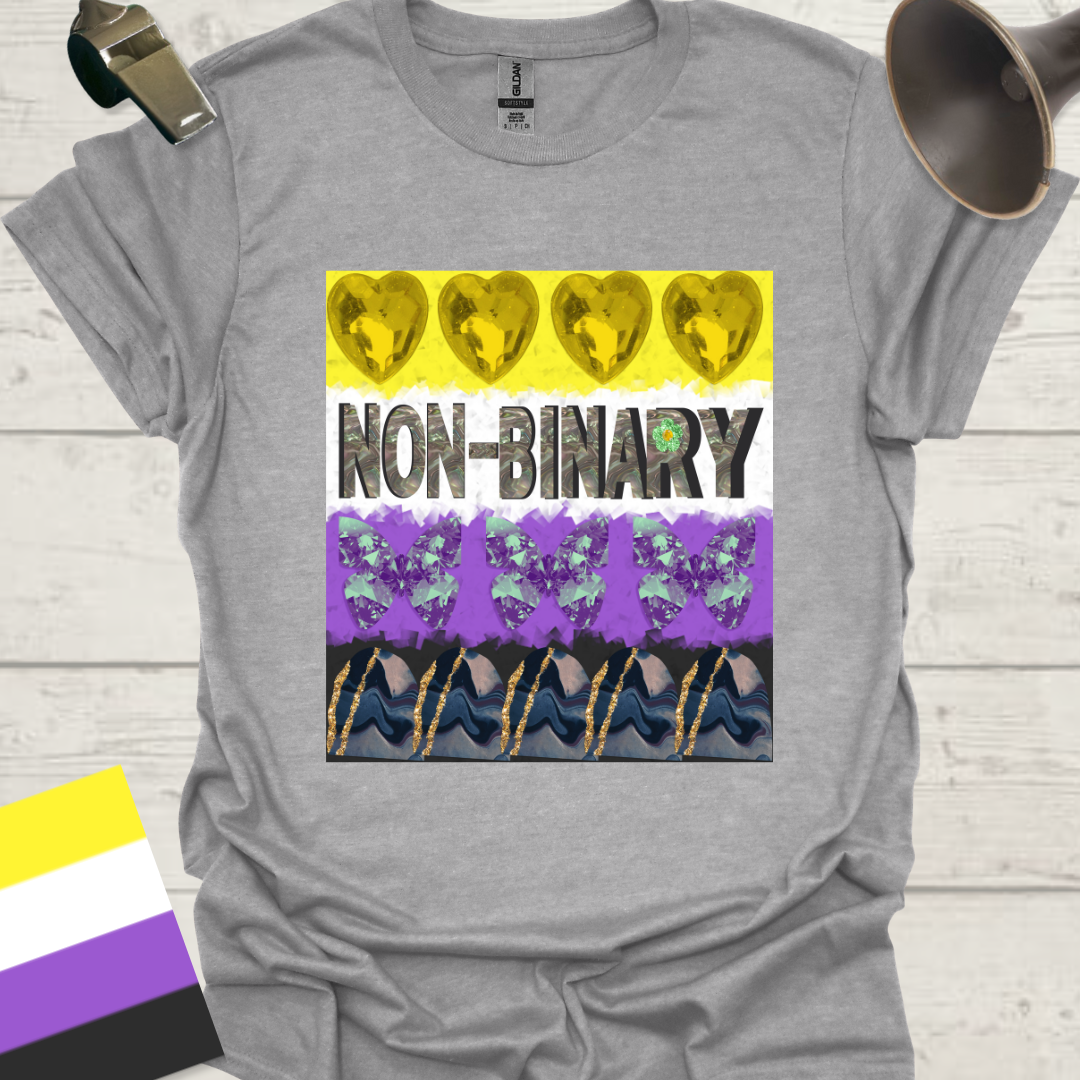 Unisex T-Shirt Non-Binary Abstract Pride Flag, Crystal Butterfly, Heart