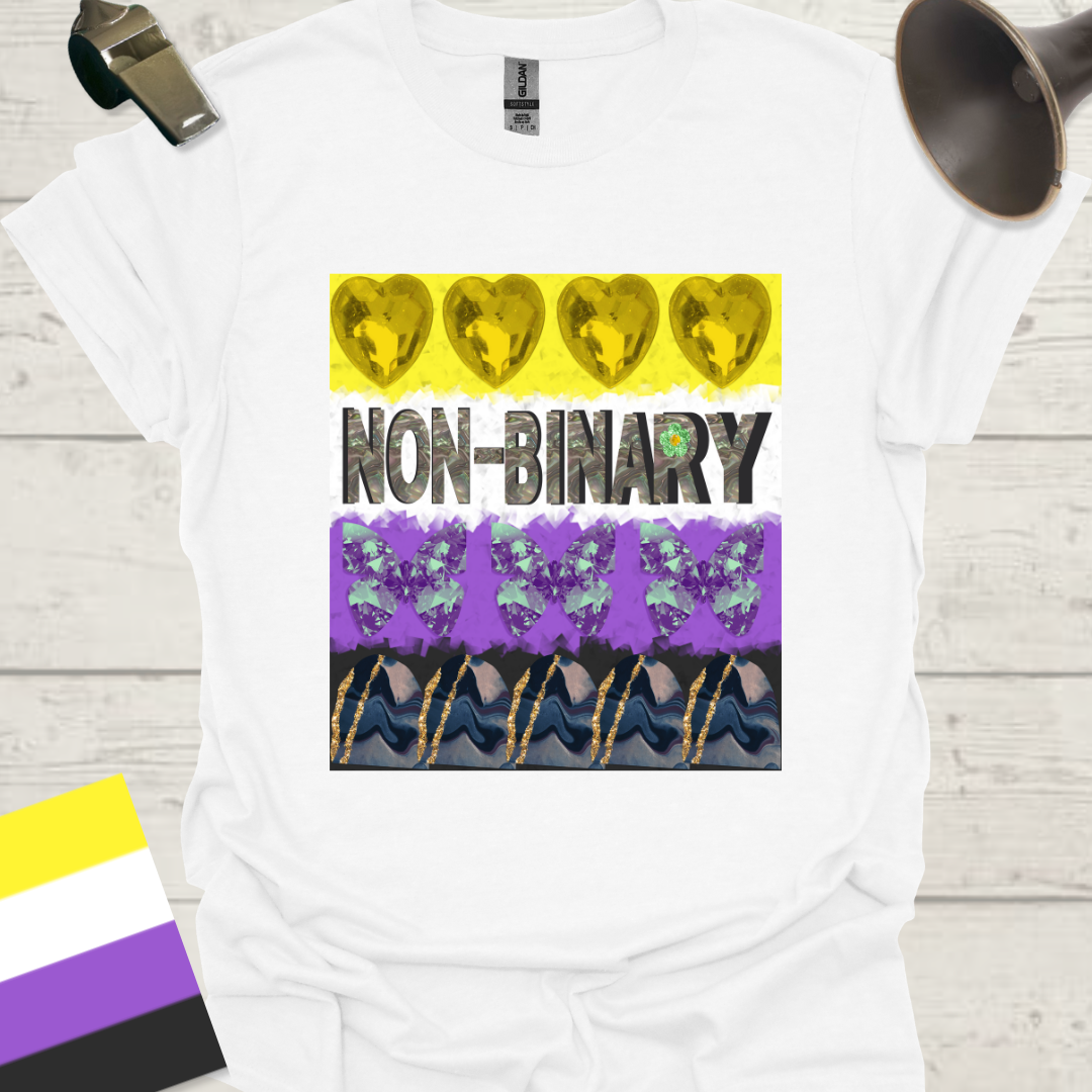 Unisex T-Shirt Non-Binary Abstract Pride Flag, Crystal Butterfly, Heart